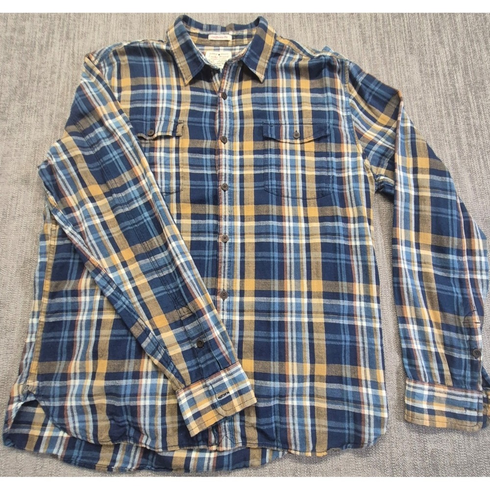 Lucky Brand California Fit men's yellow/blue plaid flannel shirt XL pockets